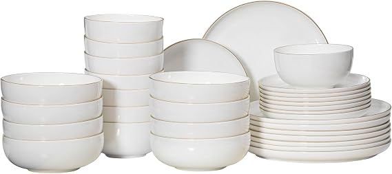 Perlaceo Luxurious Collection of White with Gold Rim Bone China Dinnerware Set-Lightweight and Durable-Service for 4 or 8, Including Dinner, Salad Plates, and Cereal or Soup Bowls, 32-Piece