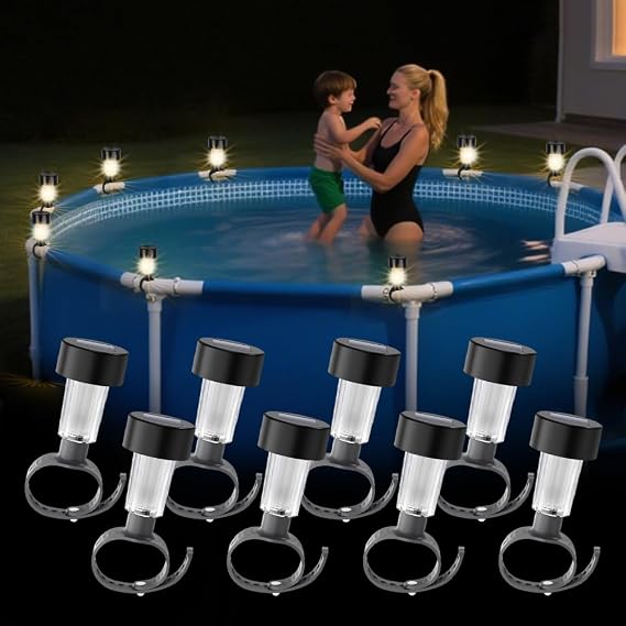 8PCS Solar Frame Pool Light, Waterproof Solar Pool Lights, Solar Pond Lights with 6 Fixed Belts, Swimming Pool Lights for Above Ground Pools, Accessories for Garden Fence Outdoor(Warm Light) [Energy Class A+++]