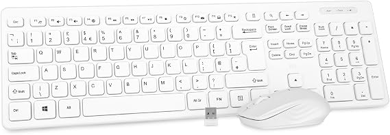 Wireless keyboard and Mouse,Rii RK200 Standard Full Size Keyboard and Mouse 104 Keys for Work Office Home UK Layout (AAA Batteries not Include)-White