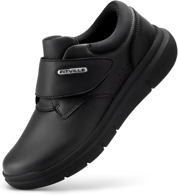 FitVille Wide Leather Shoes with Fastening Men's Business Casual Bandage Shoes Health Shoes Casual Shoes Comfortable Trainers Walking Shoes Office EasyTop V4