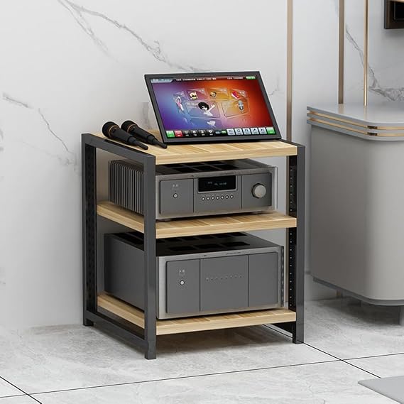 HiFi Standı, Ayarlanabilir 3 Katmanlı Kayıt Çalar Standı - CD Çalar, Vinil Depolama, Doğal Kaplama, Zemin Ayakta Stereo Kabin için Ahşap Hi-Fi Ses Rafı ve Medya Kulesi