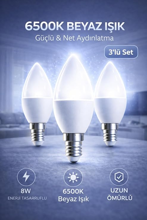 Edison 8W LED Ampul E14 Duy 6500K Beyaz Işık, 3'lü Set [Enerji Sınıfı A]