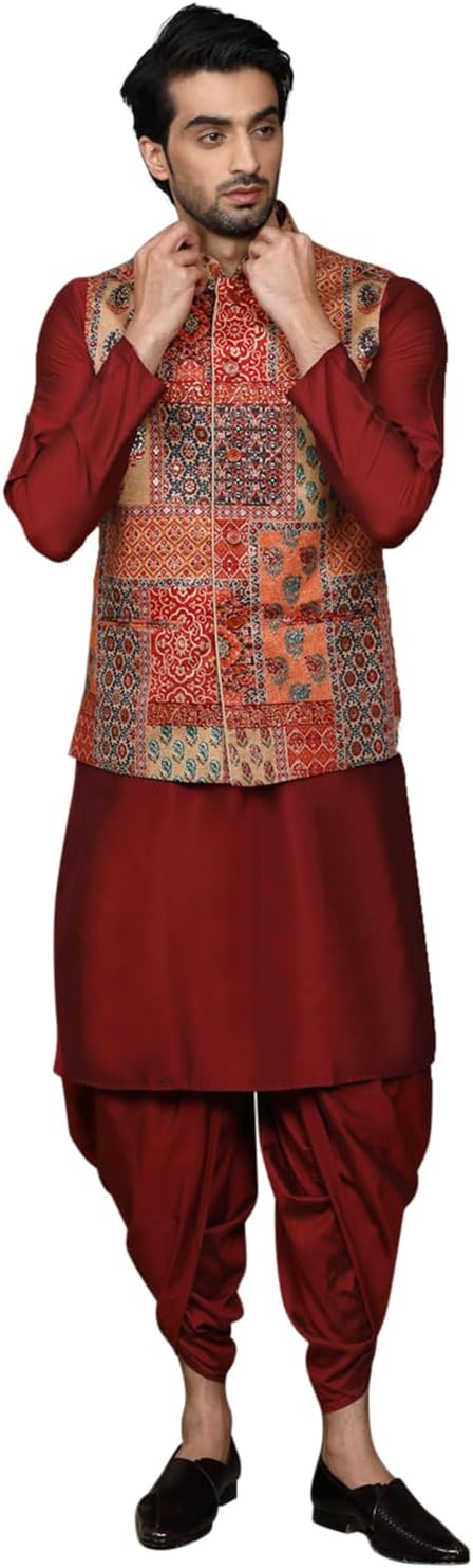 KISAH Men Orange Kurta Jacket (Waistcoat/Modi/Nehru) & Pyjama Combo (Set of 3), Ethnic Indian Traditional Wear, Orange Yellow
