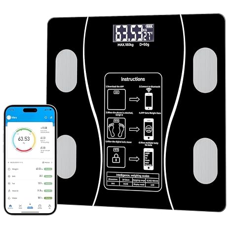 Akıllı Dijital Tartı - 180 Kg Taşıma Kapasiteli Banyo Baskülü, Hassas Ölçüm, Yağ Kas ve Su Oranı Ölçümü, Vücut Kitle Endeksi Ölçümü, App Uygulamalı Kontrol,Lcd Ekranlı Yağ Oranı Ölçer Banyo Baskülü