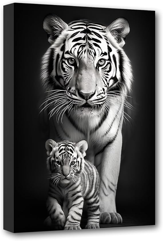 CXHOSTENT Tiger and Cub Canvas Wall Art - Black and White Animal Painting Print, Wildlife Portrait Poster for Home Decor (45L x 30W cm)