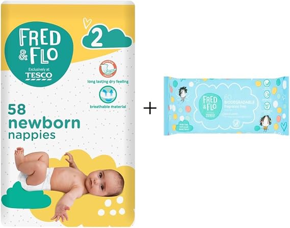 Fred & Flo Size 2 Newborn Nappies 58 Pack + 60 Fragrance Free Baby Wipes