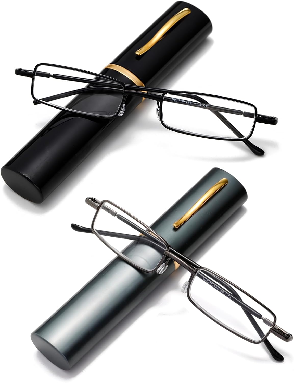 Viseng 2Pack Mini Metal Reading Glasses Narrow Ultralight Anti Blue Light Reading Glasses with Metal Case Pen Case for Women Men 2.5