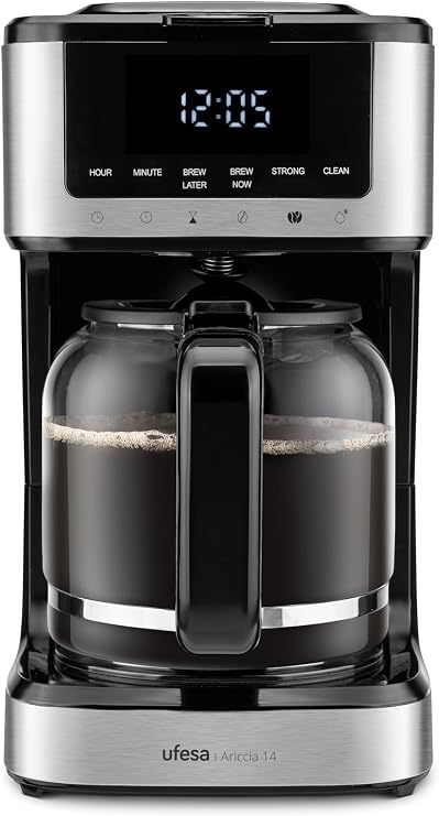 Ufesa Ariccia Programmable Drip Coffee Maker 900W, 14 Cups, 1.8L, Touch Screen, Stainless Steel, Removable Nylon Filter, High Temperature Glass Jug, Dishwasher Safe, Drip Resistant