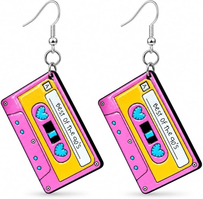 レトロ90年代カセットテープイヤリング レディース ピンク アクリル 90年代服, Medium, アクリル, ジェムストーンなし