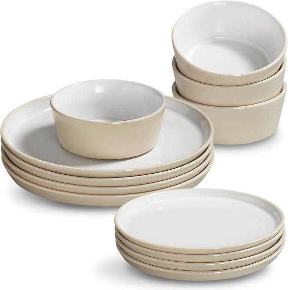 Crockery Set for 4 People 12-Piece Stoneware Crockery Set Modern Crockery Set Bowl and Plate Set of 4 x Dinner Plates 4 x Dessert Plates 4 x Cereal Bowls Rustic Farmhouse Design Light Beige