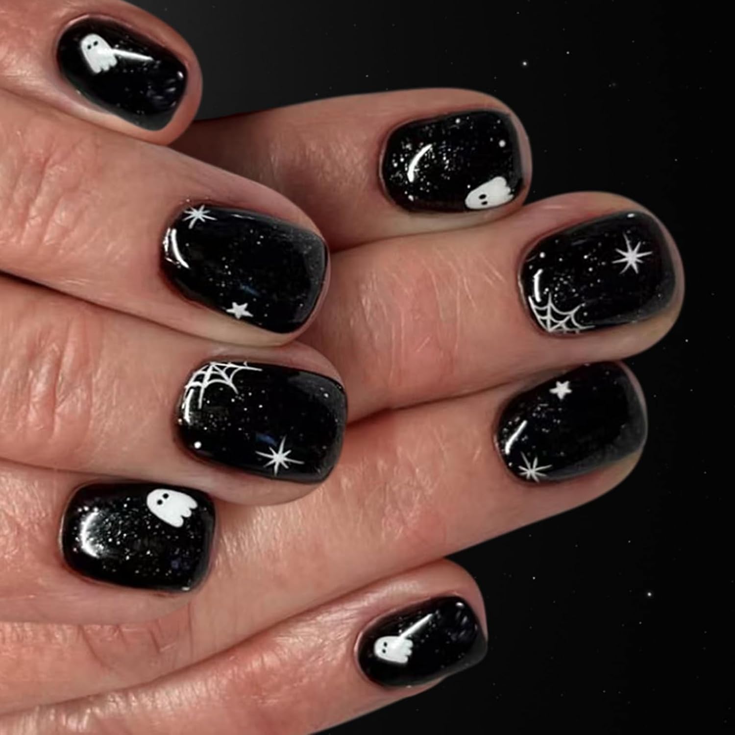 24pcs Short Square Halloween Nails Glossy Web Design Press On Artificial Full Cover Web Artificial Fake Christmas Nail Art Supplies Gel Set Kit for Care Women Tips Square Extensions Extra Kids
