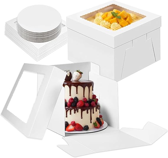 10 Pieces Cardboard Cake Boxes with Window, Cake Box Container for Cakes, 10 x 10 x 8 Inches Includes Trays, White Boxes for Transport, Presentation and Preservation of Cakes