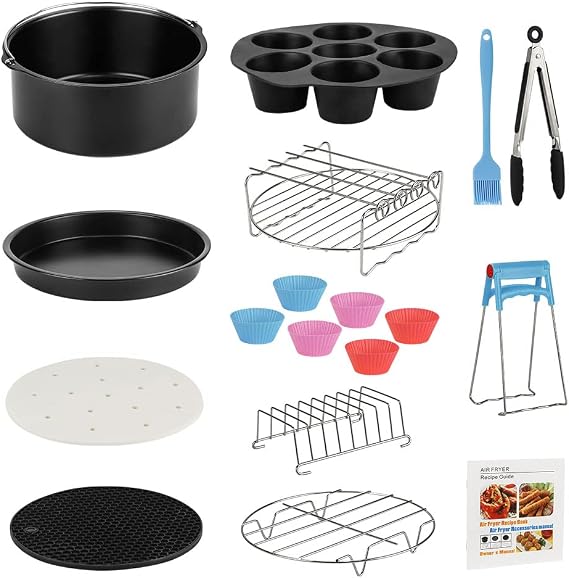 Air Fryer Accessories Set, 13pcs Air Fryer Accessory Kit for Most 3.8-5.5L Air Fryers with Recipes, Cake Pan, Pizza Pan, Stainless Steel Air Fryer Rack with 4 Skewers, Toast Rack, Egg Bites Mold etc.