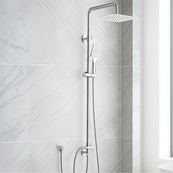 SunCleanse Shower Riser Rail Kit 25x25 cm Square Overhead Rainfall Chrome