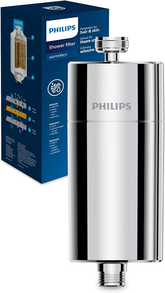 Philips Water Inline Shower Filter - Includes 1 Cartridge, Filtration up to 50,000 L, Chrome Colour, Reduces Chlorine up to 99%, Easy to Install, Compatible with Most Showers