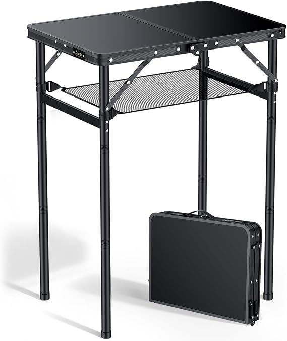 Anbte 2ft Folding Camping Table Max 74 cm, 3 Adjustable Heights Aluminum Small Folding Table with Storage Net & Portable Handle, Lightweight, for Travel Outdoor Beach Picnic Indoor, 60 x 40 cm, Black