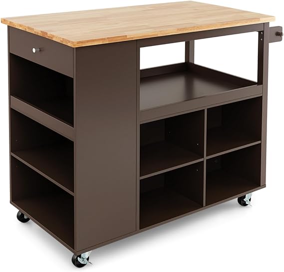 GiantexUK Kitchen Island Cart on Wheels, Mobile Storage Cabinet Cart with Rubber Wood Countertop, Drawer, Spice Racks & Towel Rack, Utility Serving Trolley for Home Dining Living Room (Brown Body)