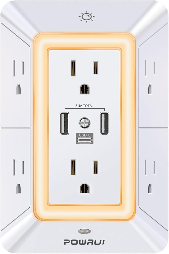 Multi Plug Outlet Surge Protector - 6 Outlet Extender with 3 USB Ports (1 USB C) and Night Light, 3-Sided Power Strip with Adapter Spaced Outlets - White，ETL Listed