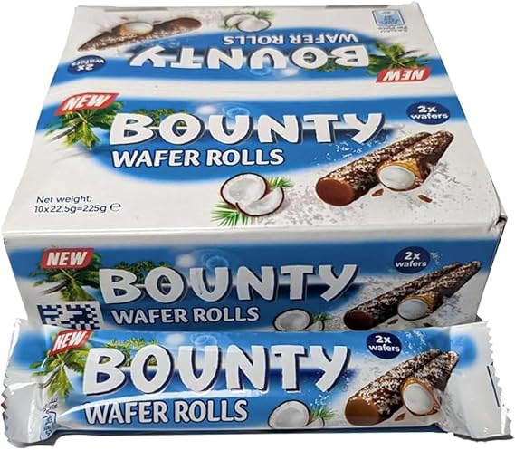 BML 10 x 22.5g Bounty Crispy Wafer Rolls Chocolate Coated Coconut Filled Wafer Snacks Individually Wrapped Sweet Treat Sharing Pack Lunch Box Snack Tea Time Gift