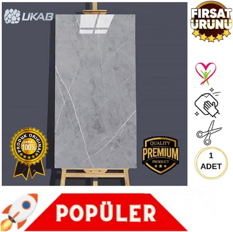 UKAB DEKOR Kendinden Yapışkanlı Esnek Köpük Beyaz Pvc Mermer Panel 60x30 cm Banyo WC Mutfak Gri 30 x 60