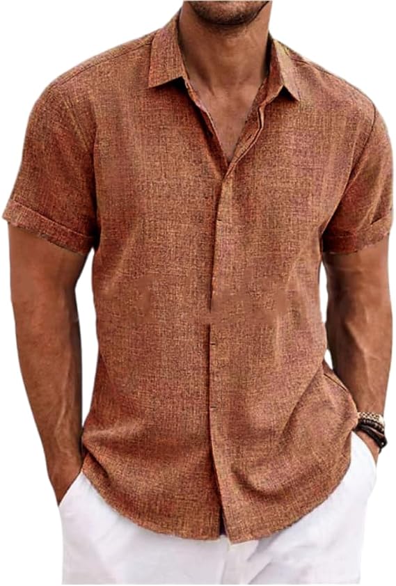 Men's Casual Cotton Linen Short Sleeve Henley Shirt Summer Button Down Regular Fit Solid Shirt Lightweight Banded Collar Beach Tops