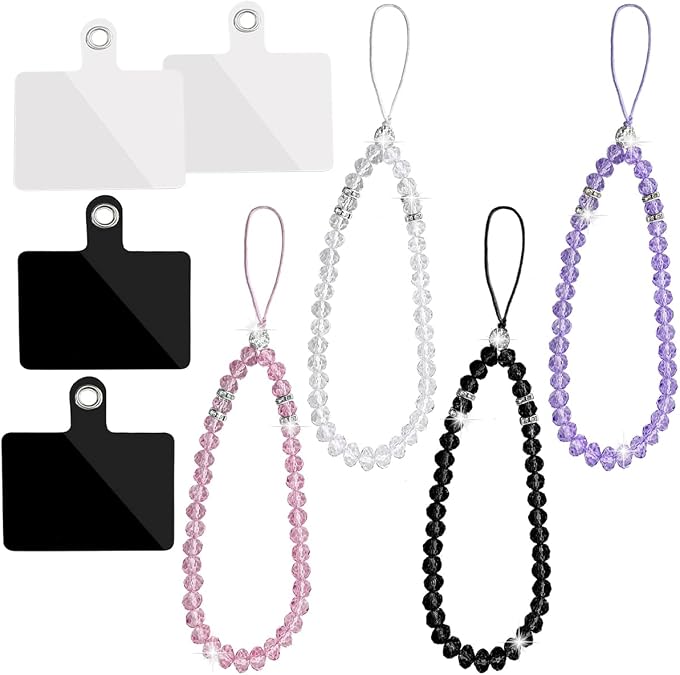 4 Colors Crystal Beads Mobile Phone Lanyard Strap + 4 Pieces Phone Tether Tab Sticker Pad, Colorful Bling Short Hand Wrist Lanyard Necklace Hanging String for Girl Women Mobile