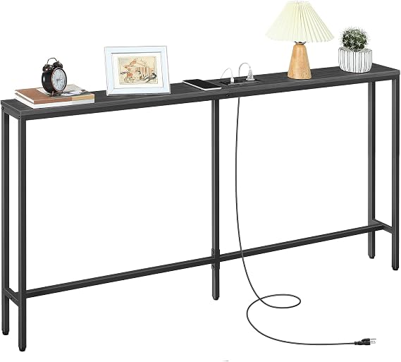 MAHANCRIS Skinny Console Table with Power Outlets, 160 cm Narrow Sofa Table, Behind Couch Table with Charging Station for Plants, Living Room, Black ACTBK165KE01