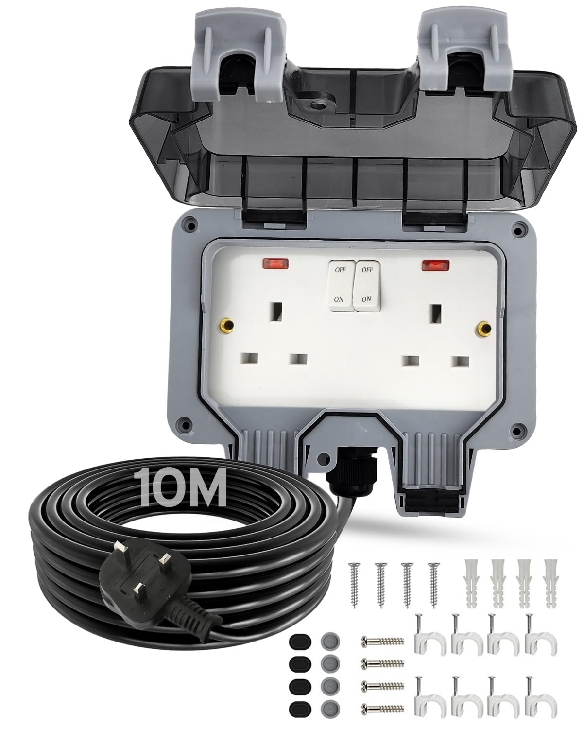 Outdoor Socket With 10m Extension Lead - IP66 Waterproof Double Socket With Switch Indicator Light - 13Amp Weatherproof Wall Electrical Outlet Box for Garden, Garage, Yard