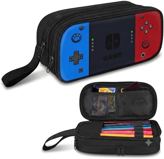 School Pencil Case, Double Zip, Two Compartments, Large Capacity, Pencil Holder, Markers, Ideal School for Boys and Girls. Back to School Gamers