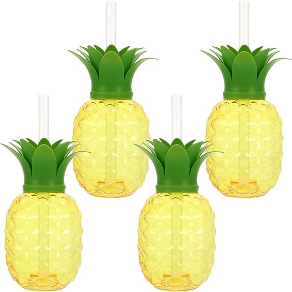Toddmomy 4pcs Pineapple Cups with Lids and Straws, Pineapple Cups with Twist Close Lids for Hawaiian Luau Tiki and Beach Party Decorations