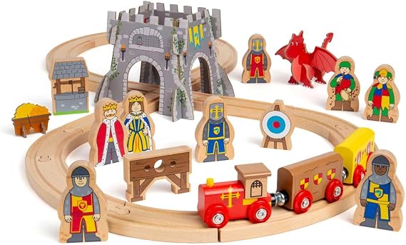 Bigjigs Rail Medieval Train Set, 33 Piece Wooden Railway Playset for Kids