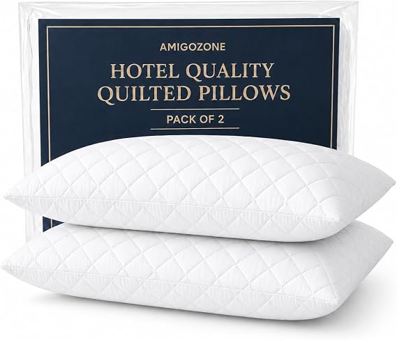 AmigoZone Quilted Pillows Pack of 2 Extra-Filled Hotel Quality Bed Pillows with Bounce-Back Hollowfibre, Firm Support for Side, Back & Stomach Sleepers, Hypoallergenic & Machine Washable - 2 Pack
