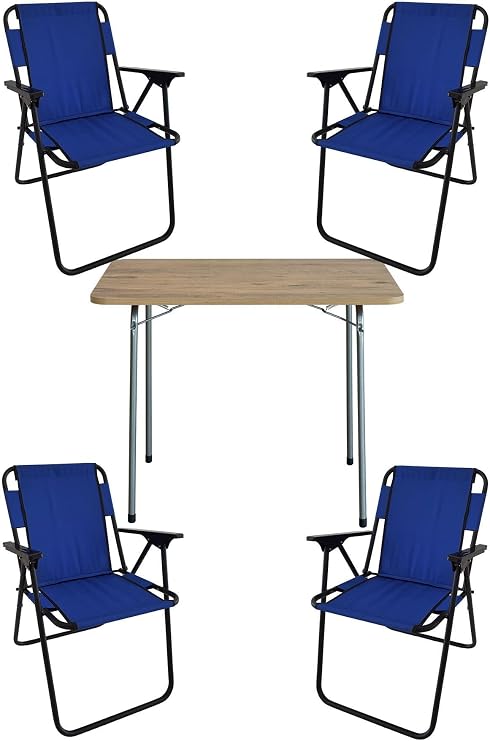 Bofigo 60X80 Çam Desenli Katlanır Masa + 4 Adet Katlanır Sandalye Kamp Seti Bahçe Takımı Mavi