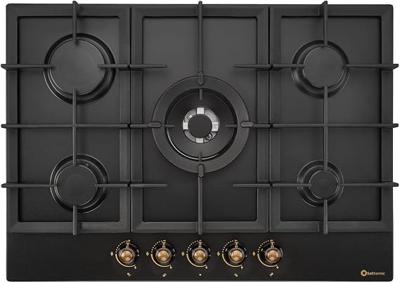 SOLTHERMIC BL032 Rustic Black Gas Plate with Golden Handles/Width 70 cm Recessed in 60 cm Hole/5 Burners with Automatic Ignition/Cast Iron Grill