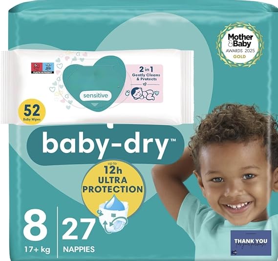 Baby Essentials Bundle for Toddlers - Size 8 Baby Nappies 17kg+ (27 Count) & Sensitive Baby Wipes 52 Pack - Leak-Resistant, Hypoallergenic, Gentle & Fragrance-Free Care