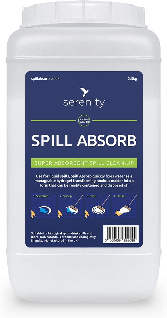 Spill Absorb Powder, 5 Litre Tub. Water-Based Spill Absorbent for Garages, Kitchens and Workshops. Locks Liquid into a Sweepable Gel. UK Made