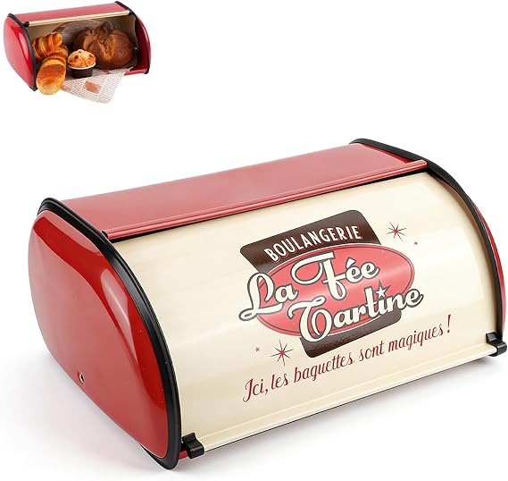 Metal Bread Storage Container, Large Capacity Vintage Roll Top Bread Box Bread Holder Bread Dispenser Kitchen Countertop Box for Kitchen Bread Storage 13.6 * 9.1 * 5.7 in (Red)
