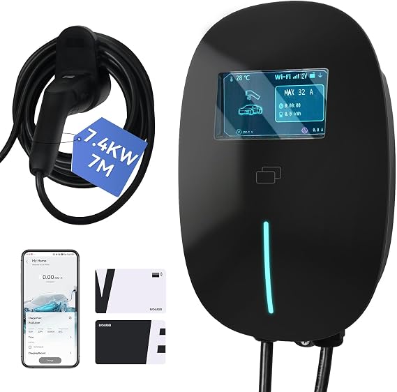 7.4kW Smart EV Charger,7M Type 2 Charging Cable Home Wallbox Black