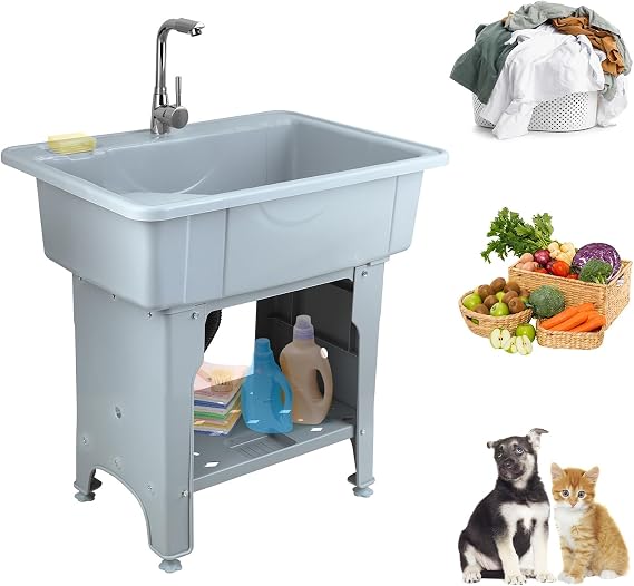 Plastic Laundry Sink, Utility Sink Laundry Tub, Portable Hand Wash Station, Outdoor Sinks with Hose Hook Up Freestanding Sinks with Removable Washboard, for Washing Room, Backyard Grey