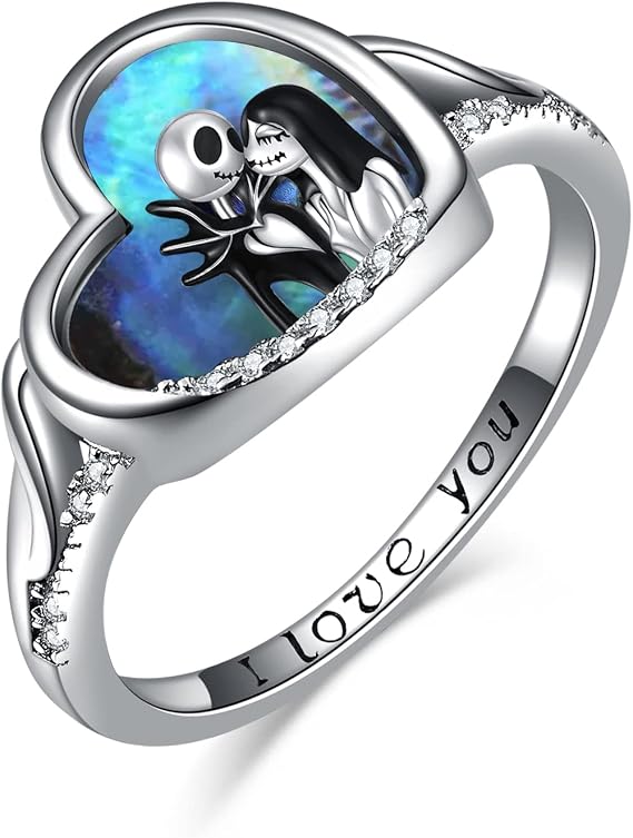 TOUPOP Christmas Gifts Nightmare Rings for Women Sterling Silver Abalone Shell Jack and Sally Rings Skull Jewelry Birthday Christmas Gifts