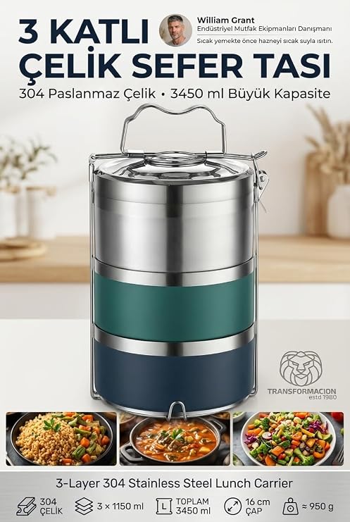 Transformacion 3 Katlı Sefer Tası Vakumlu Sızdırmaz Yemek Taşıma Kabı 16 cm Termos Beslenme Kutusu 19/10 SUS 304 Paslanmaz Çelik 723759
