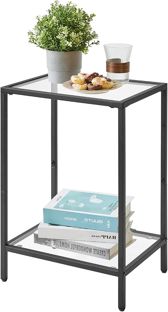 YMYNY Side Table, 2 Tier Sofa End Table, Bedside Tables with Tempered Glass, Coffee Table, Laptop Table for Living Room, Bedroom, Home Office, Industrial Style 38×28×56CM Black HGD002B