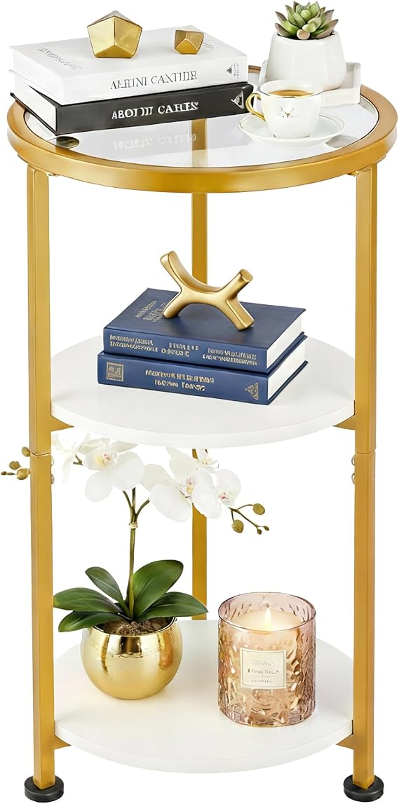 3-Tier Tempered Glass Side Table, White & Gold