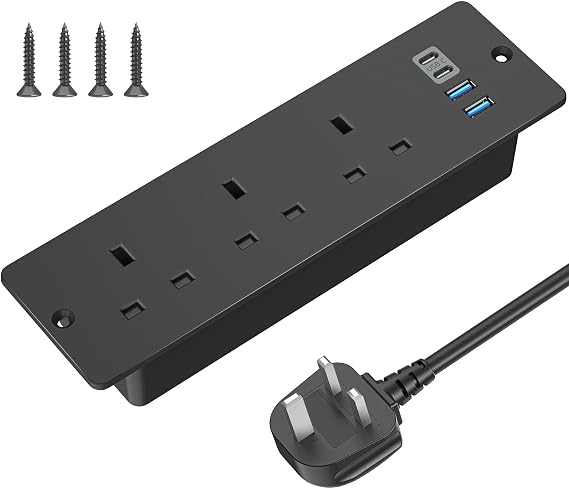 Recessed Power Socket with USB C, ANVODE Hidden Desk Power Sockets with 2 USB A, 2 USB-C Ports, 2M Power Extension Lead with 3 Outlets, Hidden in the furniture Desk Table, Black