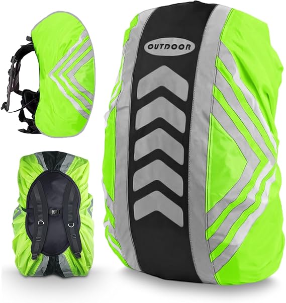 Waterproof Backpack Cover, Reflective Backpack Waterproof, Rucksack Cover Waterproof with 2 Buckle Strap, High Visibility Rain Waterproof Bag Cover for 18–40L, Green S/M & Black M, Outdoor Hiking