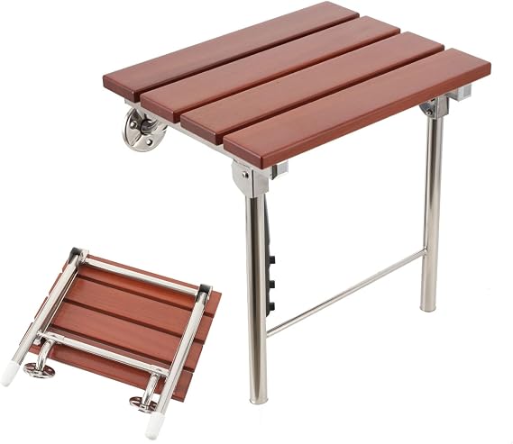 Wall Mounted Folding Shower Seat with Legs, Fold Up Shower Bench