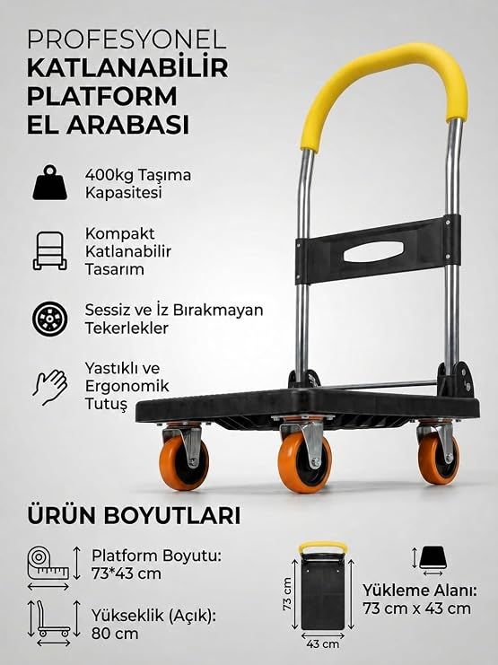 Hannah Profesyonel Katlanabilir Platform El Arabası 400 Kg Kapasiteli Taşıma Arabası Döner Tekerlekli