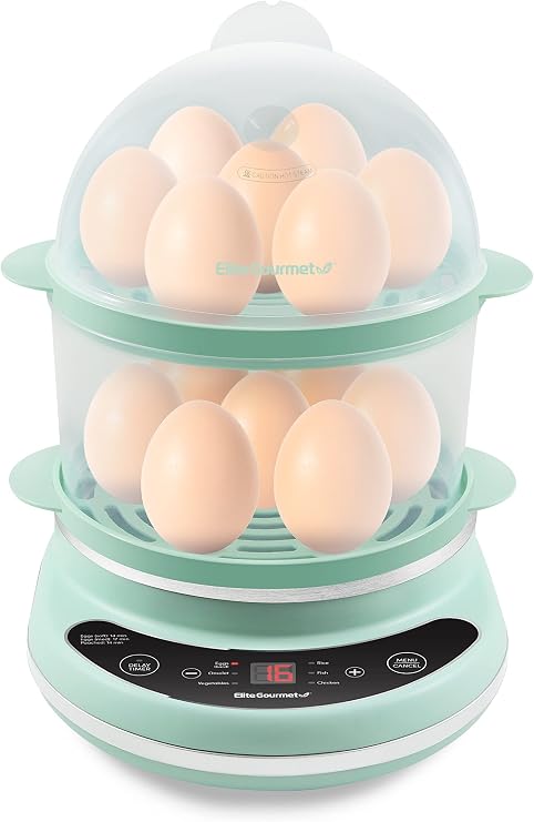Elite Gourmet EGC314M Easy Egg Cooker Food Steamer Rice Cooker Praying Omelet & Soft Medium Hard Boil with Programmable Presets and Delay Timer BPA Free 14 Eggs Mint