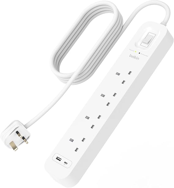 Belkin 4-Outlet Surge Protector Power Strip with USB-C and A Ports, 2m Cord
