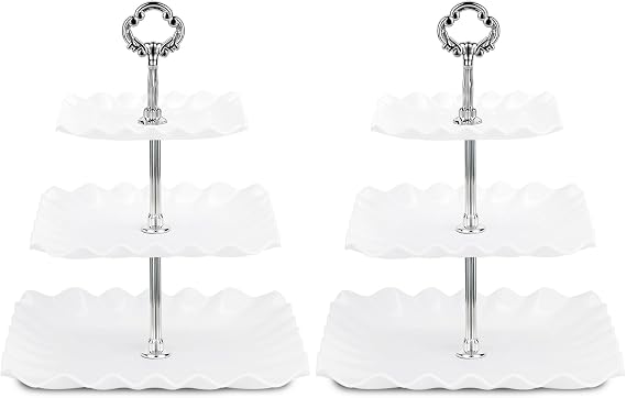 NWK Pack of 2 Large Stable 3-Tier Cupcake Stand Square Shape (Silver)